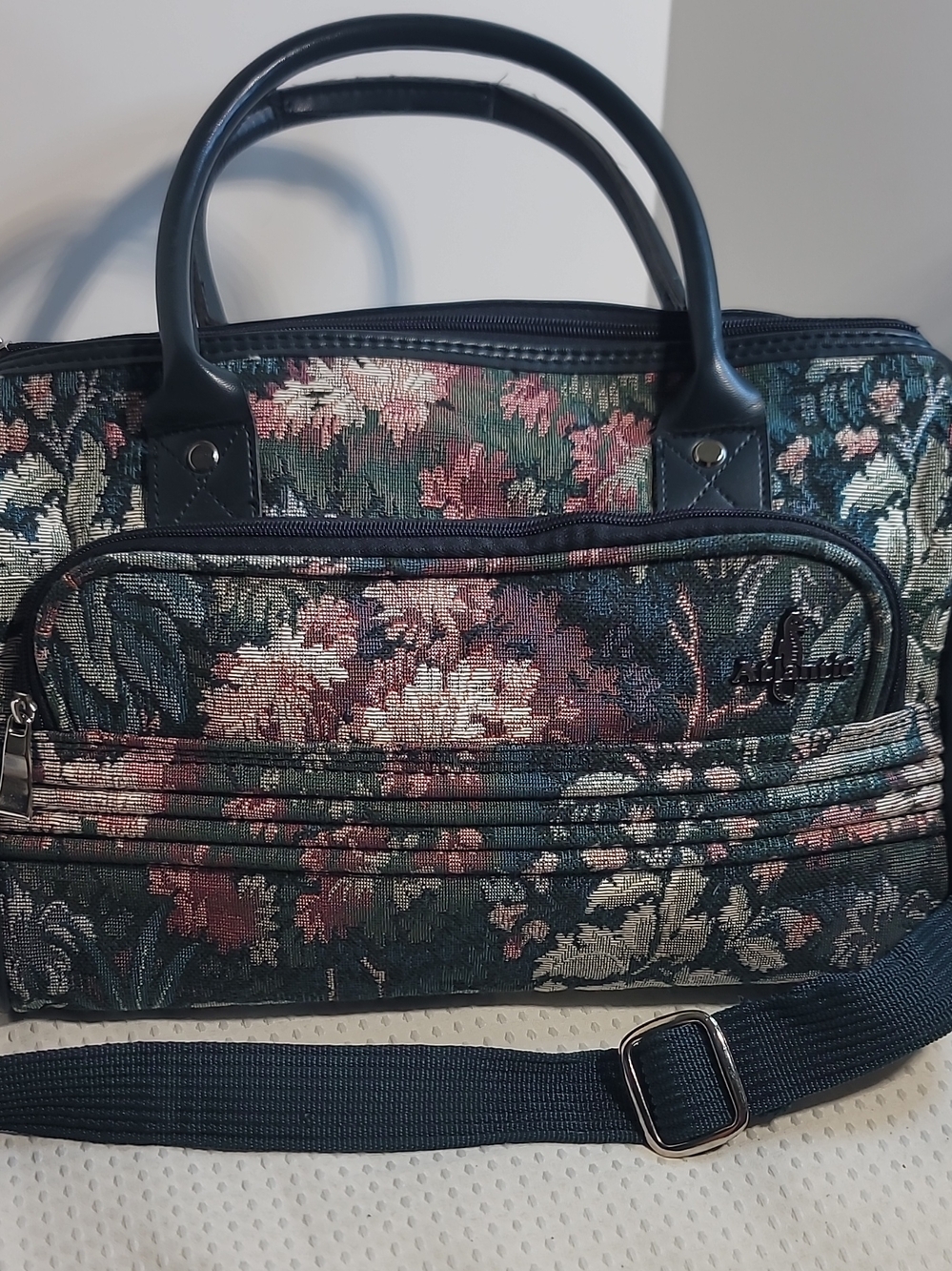 Floral Tapestry Satchel Bag - Navy with Pink & Green Accents